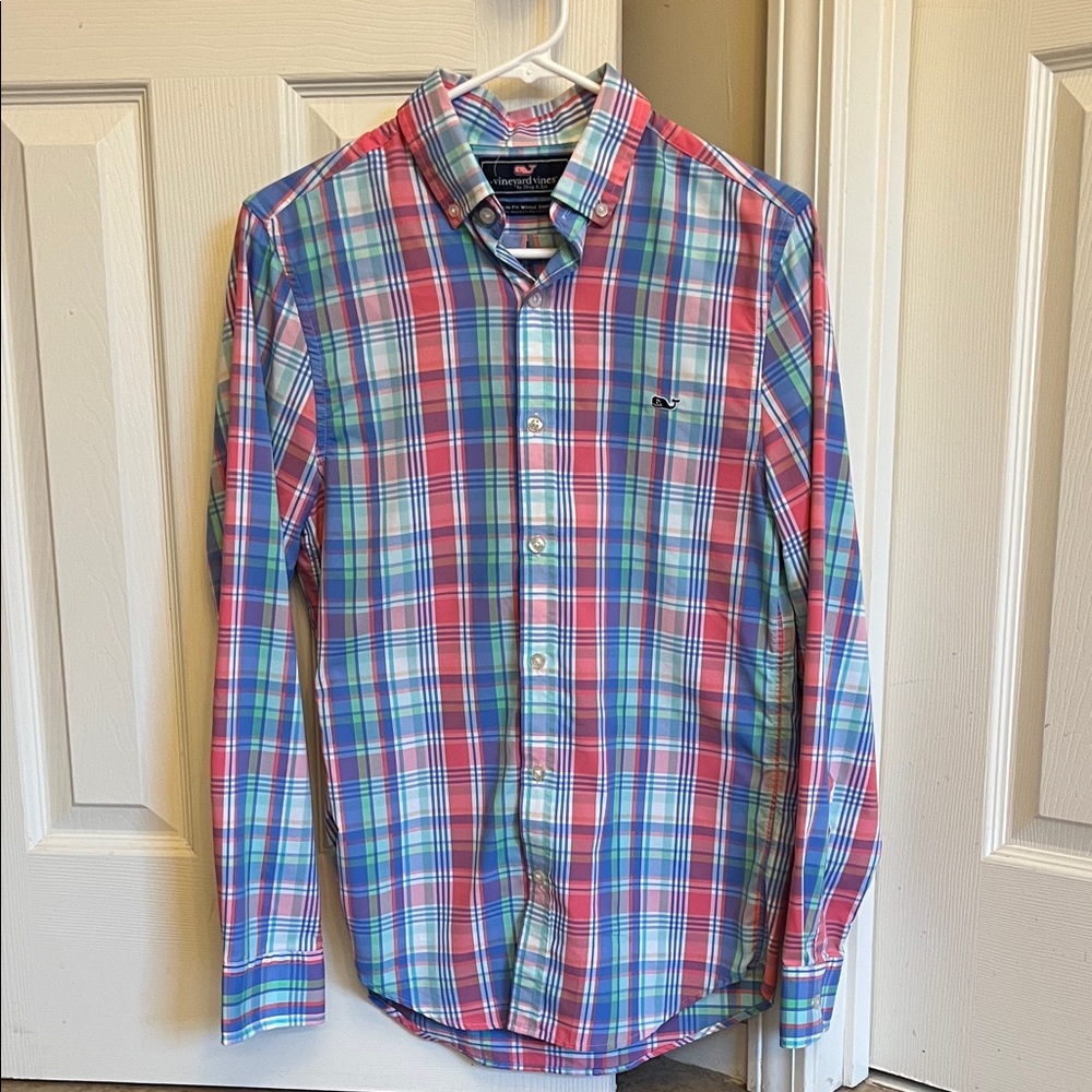 Vineyard Vines Men's Red and Blue Plaid Shirt